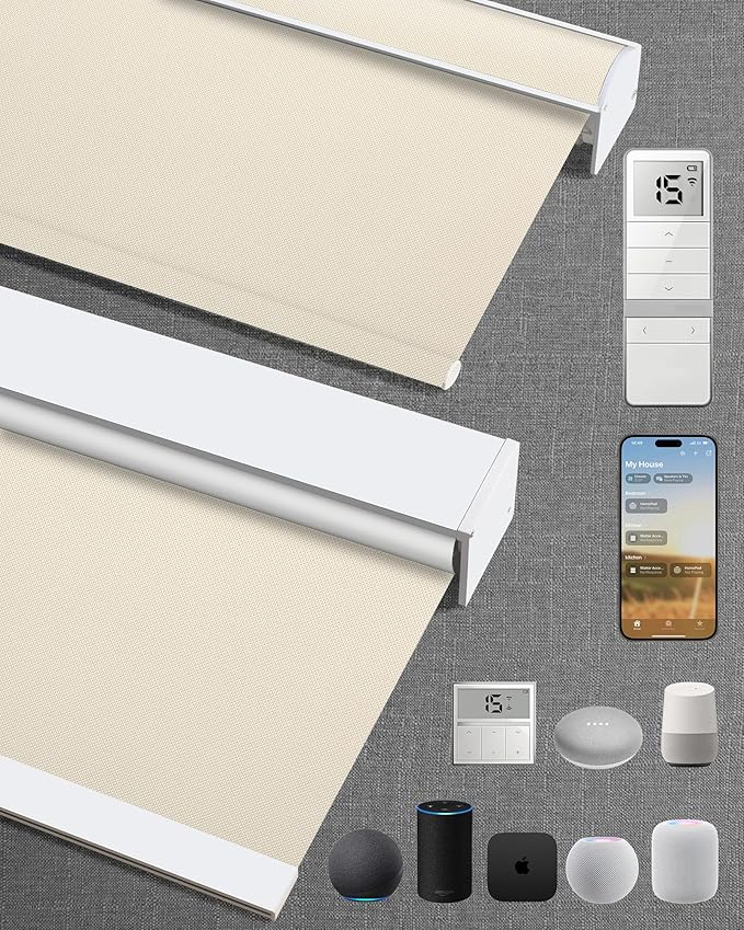 Motorized Blinds with Remote: Kincmo 100% Blackout Roller Shades Work with Apple Homekit,Alexa,Google Home, Customized Electric Blinds with App,Voice Control (100% Blackout Essential Cream)