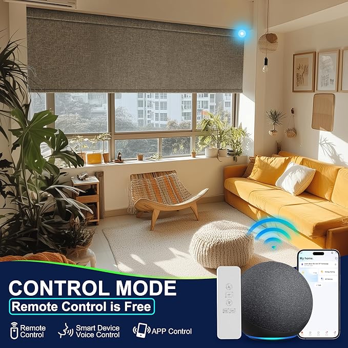 BERISSA Motorized Blinds with Remote,Blackout Smart Blinds for Windows,Linen Fabric,Remote Control,Thermal Insulated Automatic Blinds,Electric Blinds with USB/Solar Pannel.Linen Brown