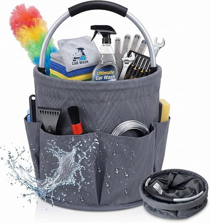 Cleaning caddy with Handle,17L Foldable collapsible bucket 600D Oxford Fabric, 6 Pockets Portable Multi-Use Organiser for Home, Garden, Camping,Grey