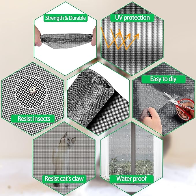 QWR Pet Proof Window Screen Replacement,39''x 360'' Heavy Duty High Hardness Vinyl Coated Wire-Like Mesh,Cat Resistant Screen Mesh for Sliding Door,Patio,Windows(Rolled Package Without Tool Kit)