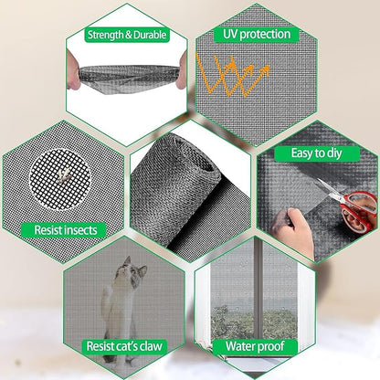 QWR Pet Proof Window Screen Replacement,39''x 360'' Heavy Duty High Hardness Vinyl Coated Wire-Like Mesh,Cat Resistant Screen Mesh for Sliding Door,Patio,Windows(Rolled Package Without Tool Kit)