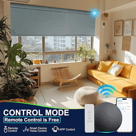 BERISSA Motorized Blinds with Remote,Blackout Smart Blinds for Windows,Jacquard Fabric,Remote Control,Thermal Insulated Automatic Blinds,Electric Blinds with USB/Solar Pannel.Blue Grey