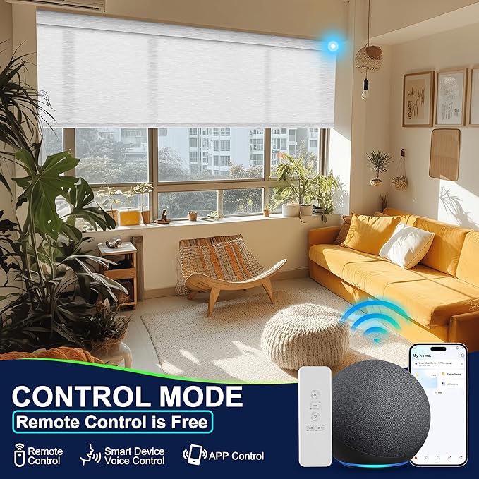 BERISSA Motorized Blinds with Remote,Light Filtering Smart Blinds for Windows,Jacquard Fabric,Remote Control,Thermal Insulated Automatic Blinds,Electric Blinds with USB/Solar Pannel.White