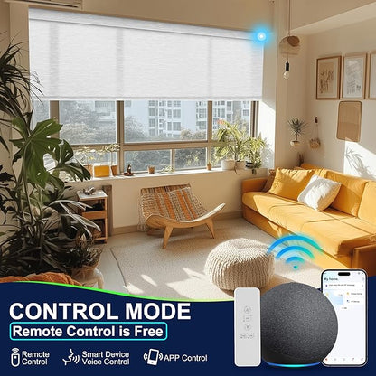 BERISSA Motorized Blinds with Remote,Light Filtering Smart Blinds for Windows,Jacquard Fabric,Remote Control,Thermal Insulated Automatic Blinds,Electric Blinds with USB/Solar Pannel.White