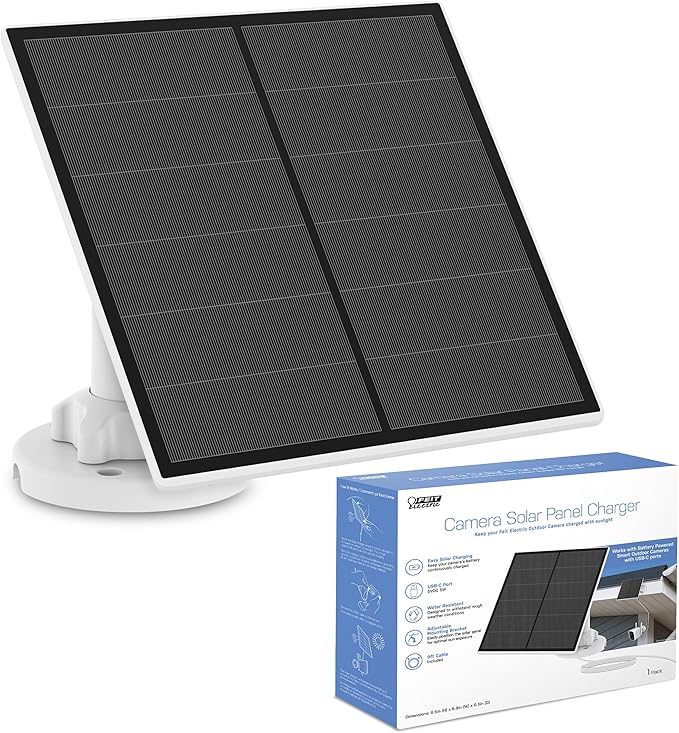 Feit Electric Solar Panel Continuous Charger Panel/SOL/CAM Compatible Feit Electric Smart Outdoor Camera CAM/WM/WiFi/BAT, 9ft Cord, Micro-USB, Adjustable Mounting Bracket