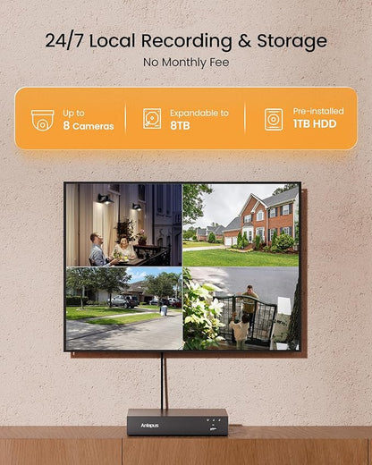 Anlapus 4K Home Security Camera System Outdoor Indoor, H.265+ 8CH CCTV DVR with AI Human Vehicle Detection, 4 x Wired Surveillance Dome Camera, 80ft Night Vision, Audio Recording, Remote Access