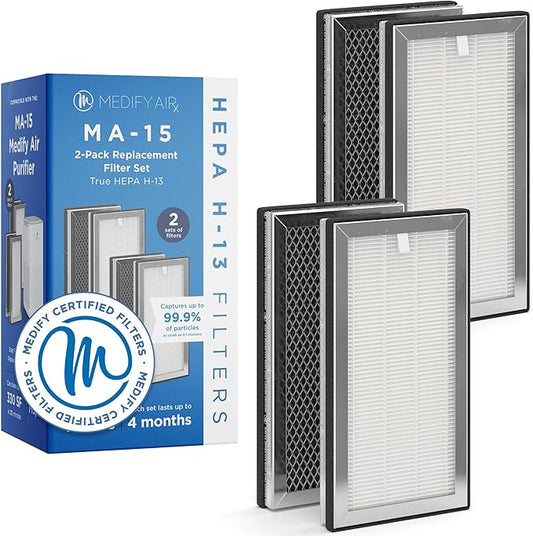 Medify MA-15 Set Genuine Replacement Filter for Allergens, Smoke, Wildfires, Dust, Odors, Pollen, Pet Dander | 3 in 1 with Pre-filter, True HEPA H13 and Activated Carbon for 99.9% Removal | 2-Pack