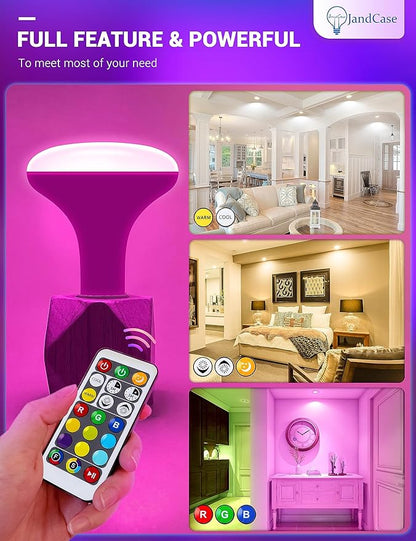 JandCase BR30 Color Changing Light Bulb, RGB+Warm+Cool White LED Flood Lights, 12W(100W Equivalent), 1050lm, Remote Control, Dimmable Multi-color Can Light Bulbs for Ceiling, E26 Base, 2 Pack