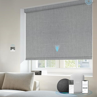 Motorized Blinds Compatible with Alexa Google 100% Blackout Smart Blind Automatic Window Roller Shades Remote Control Custom Size Double-Sided Fabric Light Gray