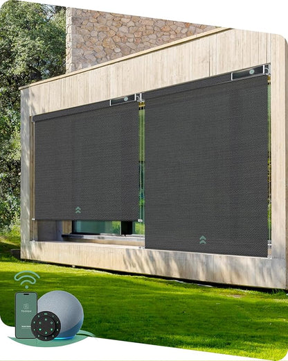 Yoolax Customized Motorized Outdoor Shades, Smart Blinds Compatible with Alexa Google, Remote Control Waterproof Blinds for Patio Porch Windows Outside (1% Openness Wild Dark Grey)