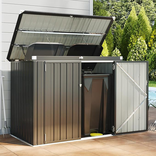 Outdoor Trash Can Storage Shed - Metal Waterproof Outdoor Garbage Can Organizer with Chain Lid, Ideal for Trash Bins, Toys, Garden Tools for Garden/Backyard/Patio