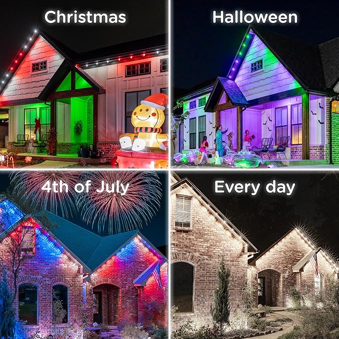 Enbrighten Vibe Eternity Permanent Outdoor Lights for House, 100 Feet, 72 RGBWIC LEDs, Close Spacing, 33lm, Color Changing, Christmas, Eave Lighting, Smart App, Works with Alexa, Google Home, 81103