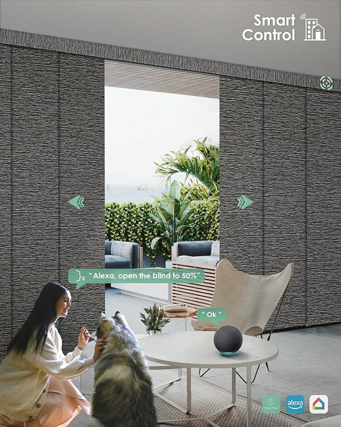 Yoolax Custom XL Smart Sliding Door Blinds, Motorized Sliding Panel Blinds Compatible with Alexa, Fabric Blackout Vertical Rechargeable Battery Shades for Glass Doors(Rock Stripe Black)