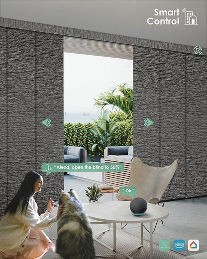 Yoolax Custom XL Smart Sliding Door Blinds, Motorized Sliding Panel Blinds Compatible with Alexa, Fabric Blackout Vertical Rechargeable Battery Shades for Glass Doors(Rock Stripe Black)