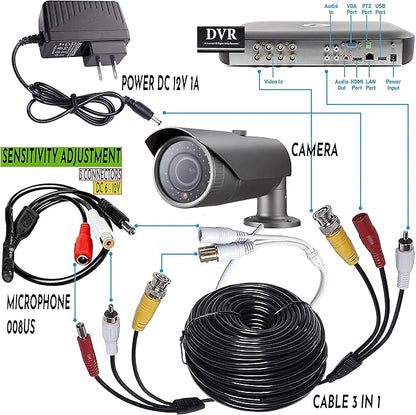 CCTV Microphone with Preamp RCA Audio Out 12V DC — Adjustable Gain — for DVR/NVR & IP Cameras (1 Pack)