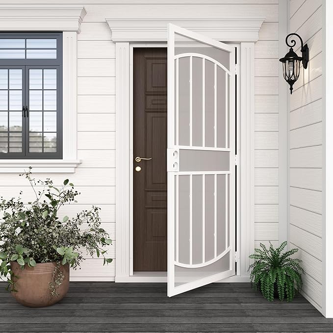 JUBEST 36" x 80" Steel Security Door, Universal/Reversible Outswing Security Screen Door, White Powder-Coated Surface Mount Frame with Expanded Metal Screen, Rust-Resistant, No Handles Included