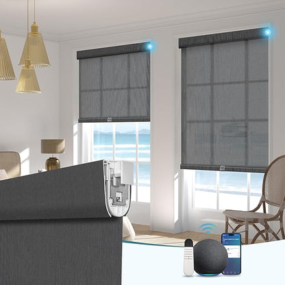BERISSA Smart Motorized Blinds with Remote,No Drill Automatic Roller Blinds for Indoor Windows,Solar Fabric,Electric Shades for Windows Home Office,Solar Black,Custom Size