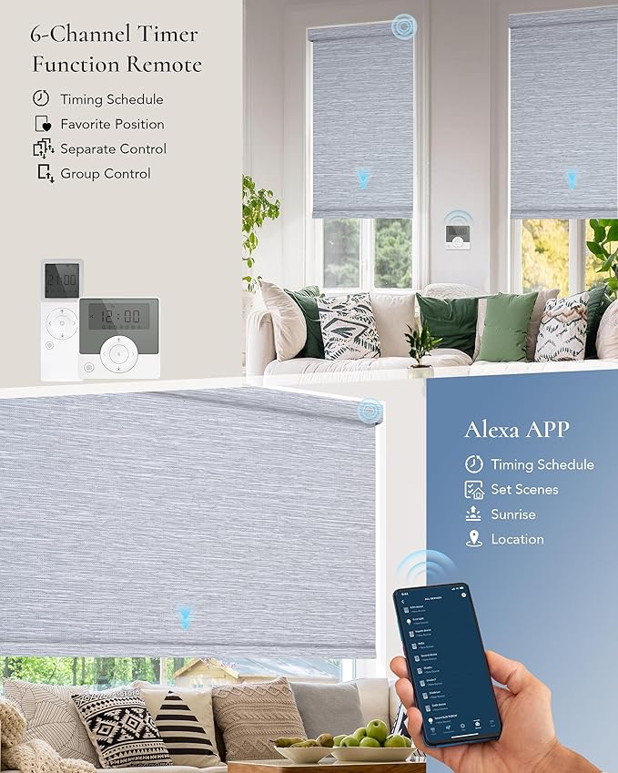 Motorized Blinds Compatible with Alexa Google Custom to 108" Width 100% Blackout Smart Blind Automatic Large Window Roller Shades Remote Control Striped Grey