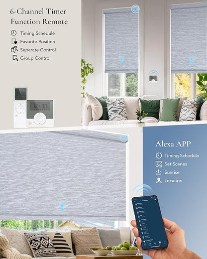 Motorized Blinds Compatible with Alexa Google Custom to 108" Width 100% Blackout Smart Blind Automatic Large Window Roller Shades Remote Control Striped Grey