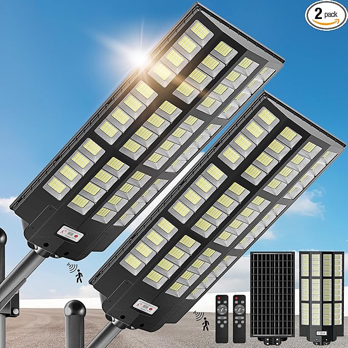 OKPRO 10000W Solar Street Light, 7000K Solar Lights Outdoor Waterproof Motion Sensor, Solar Security Light IP66 Waterproof, Solar Street Lights Outdoor Dusk to Dawn for Parking Lot, Yard, Farm(2Pack)