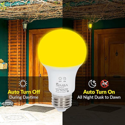Simba Lighting Bug Non-Attracting Yellow LED Bulb 6W 40W Equivalent, Great for Outdoor Porch Light, Night Light, Dusk-to-Dawn Smart Sensor Auto On/Off, Amber Warm Light, A19 E26 Medium Base, Pack of 2