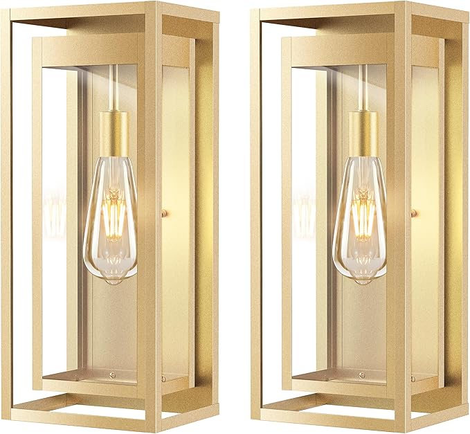 19" Gold Outdoor Light Fixture, 2 Pack Large Size Outdoor Sconce Lights with Clear Glass Shade, Waterproof Porch Lighting Exterior Light Fixture for Front Door, Garage