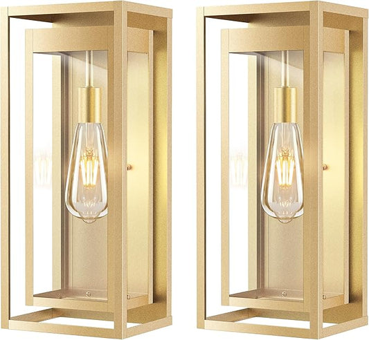 19" Gold Outdoor Light Fixture, 2 Pack Large Size Outdoor Sconce Lights with Clear Glass Shade, Waterproof Porch Lighting Exterior Light Fixture for Front Door, Garage