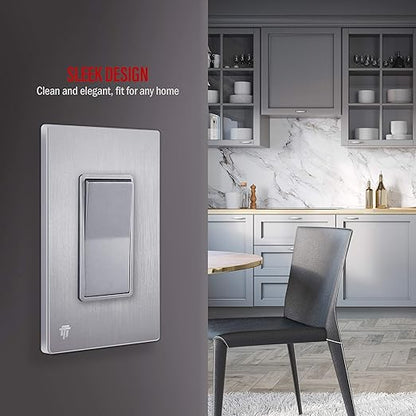 ENERLITES Elite Series Decorator Light Switch with Brushed Screwless Wall Plate, Single Pole, 3 Wire, Grounding Screw, Residential Grade, 15A 120V, UL Listed, 91150-SVWBP, Silver with Wall Plate