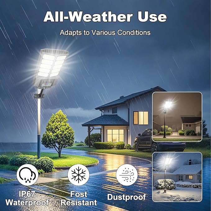 Solar Street Light, Dusk-to-Dawn Waterproof LED Solar Street Lights Outdoor with Pole Mount,9000W IP67,7000K, High Lumen Outdoor Lighting for Driveway, Farm, Street & Parking