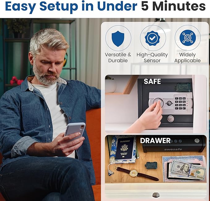 Kini Safe Alert Wi-Fi Motion Sensor Alarm - Instant App, SMS & Email Alerts - Gun Safes, Cabinets, Drawers - Easy Install, No Subscription, Rechargeable 12-18 Month Battery, IFTTT, USA-Made
