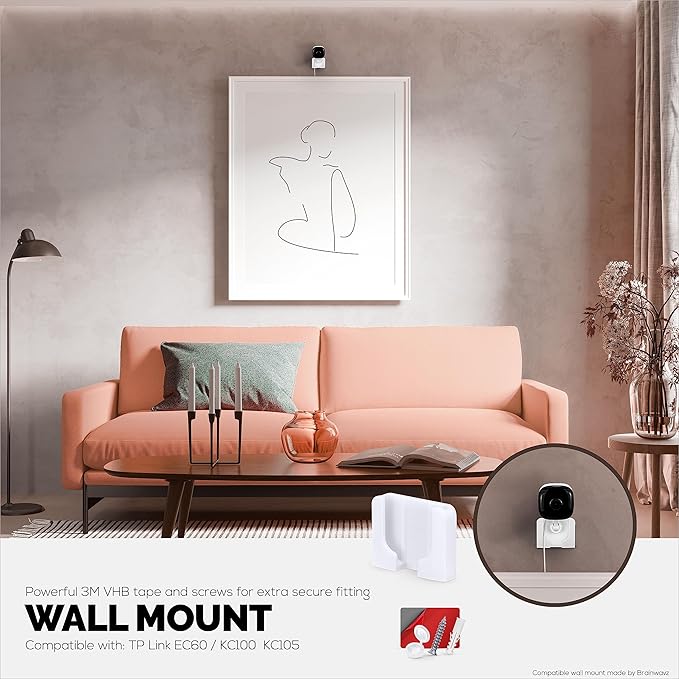 Wall Mount for Kasa KC100, KC105, EC60 (2 Pack), Adhesive Holder for TP Link Smart Spot Camera, Installs in Minutes, No Mess Hanger Bracket by Brainwavz (White)