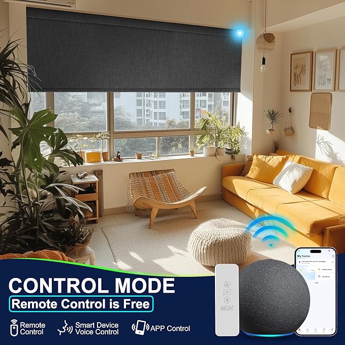 BERISSA Motorized Blinds with Remote,Blackout Smart Blinds for Windows,Linen Fabric,Remote Control,Thermal Insulated Automatic Blinds,Electric Blinds with USB/Solar Pannel.Black