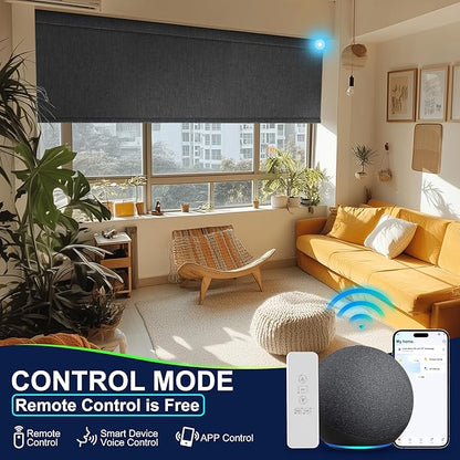BERISSA Motorized Blinds with Remote,Blackout Smart Blinds for Windows,Linen Fabric,Remote Control,Thermal Insulated Automatic Blinds,Electric Blinds with USB/Solar Pannel.Black
