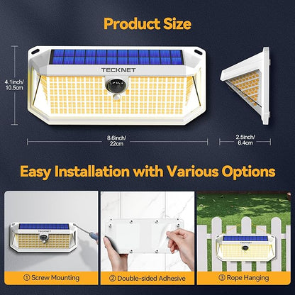 TECKNET 416 LED Solar Powered Outdoor Lights, 270° Angle & 3 Lighting Modes Motion Sensor Light Outdoor, Security Solar Lights Waterproof - 2 Pack, White Color & Warm Light