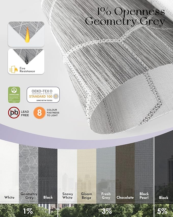 Graywind Motorized Outdoor Shades for Patio, Work with Alexa & Google, Solar Powered Electric Roller Shades for Outside, Custom Size (1% Openness, Geometry Grey)