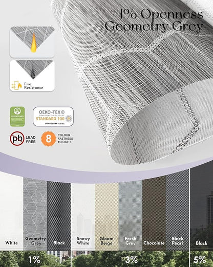 Graywind Motorized Outdoor Shades for Patio, Work with Alexa & Google, Solar Powered Electric Roller Shades for Outside, Custom Size (1% Openness, Geometry Grey)