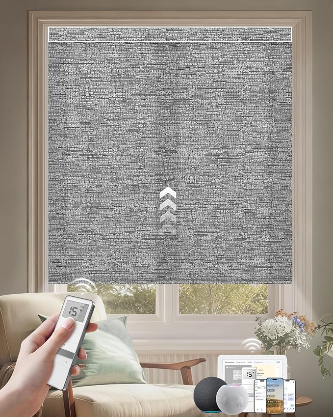 Kincmo Motorized Blinds with Remote, Light Filtering Roller Shades Work with Apple Homekit,Alexa,Google Home, Custom Electric Blinds with App,Voice Control (75% Blackout Aqua Waves Grey)