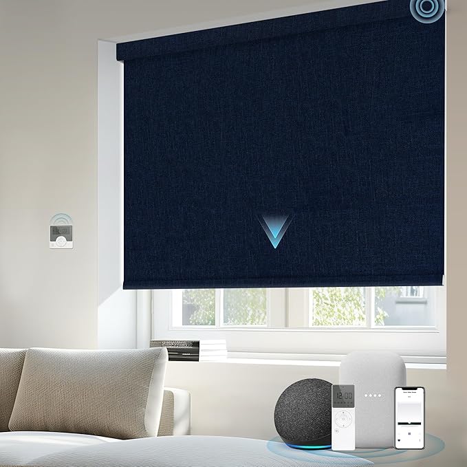 Motorized Blinds Compatible with Alexa Google 100% Blackout Smart Blind Automatic Window Roller Shades Remote Control Custom Size Double-Sided Fabric Blue