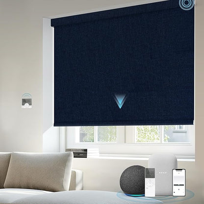 Motorized Blinds Compatible with Alexa Google 100% Blackout Smart Blind Automatic Window Roller Shades Remote Control Custom Size Double-Sided Fabric Blue