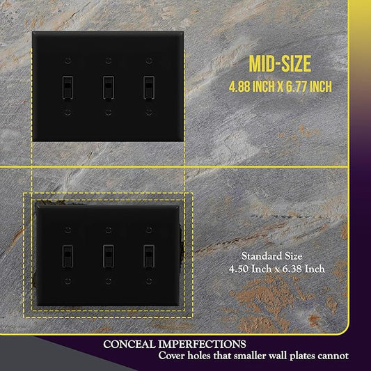 ENERLITES Triple Light Switch Wall Plate, Toggle Switch Plate, Gloss Finish, 3-Gang Mid-Size 4.88" x 6.77", Unbreakable Polycarbonate Thermoplastic, UL Listed, 8813M-BK, Black