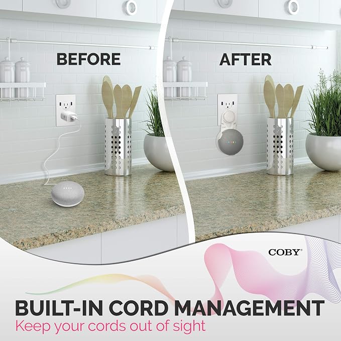 Coby Wall-Outlet Smart Speaker Mount, Outlet Shelf with Cable Management, No-Screw Holder Compatible with Google Home Mini 1st & 2nd Gen, Space-Saving Wall Mount, White