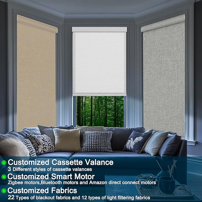 BERISSA Motorized Blinds with Remote,Blackout&Light Filtering Smart Blinds for Windows,Linen Fabric,Remote Control,Customized Automatic Blinds,Electric Blinds with Solar Pannel/USB.Custom Color