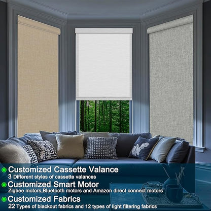 BERISSA Motorized Blinds with Remote,Blackout&Light Filtering Smart Blinds for Windows,Linen Fabric,Remote Control,Customized Automatic Blinds,Electric Blinds with Solar Pannel/USB.Custom Color