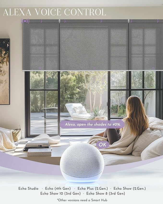 Graywind Smart Coupled Roller Shades Compatible with Alexa Google Custom Size Extra Large Motorized Blinds for Windows(5% Openess Grey)
