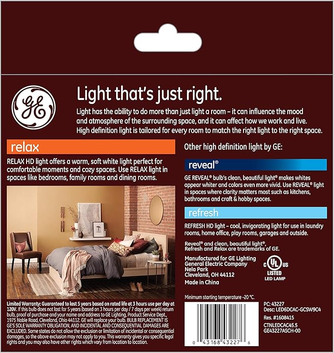 GE Lighting Relax HD LED E12 Chandelier Bent Tip Light Bulb, 60-Watt Equivalent, Clear Finish, Soft White, Dimmable, 4-Pack