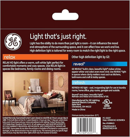 GE Lighting Relax HD LED E12 Chandelier Bent Tip Light Bulb, 60-Watt Equivalent, Clear Finish, Soft White, Dimmable, 4-Pack