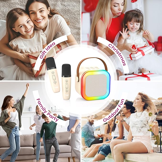 Mini Karaoke Machine for Kids Adults, 2026 TOP Birthday Gifts for Girls Boys 3,4,5,6,7,8+Year Old Toddler Toys, Portable Bluetooth Speaker with 2 Wireless Karaoke Microphones Player (Light Beige)