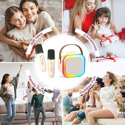 Mini Karaoke Machine for Kids Adults, 2026 TOP Birthday Gifts for Girls Boys 3,4,5,6,7,8+Year Old Toddler Toys, Portable Bluetooth Speaker with 2 Wireless Karaoke Microphones Player (Light Beige)