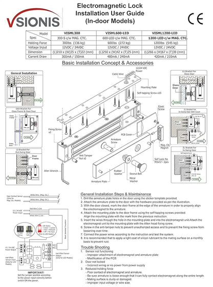 Visionis FPC-5224 300lbs Indoor Electromagnetic Lock with 300 lbs U Bracket for Glass Door for Access Control