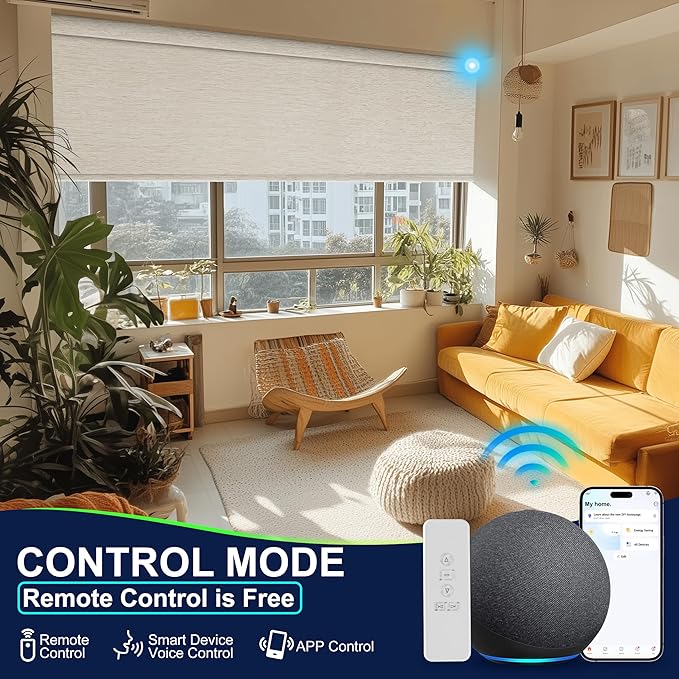 BERISSA Motorized Blinds with Remote,Blackout Smart Blinds for Windows,Jacquard Fabric,Remote Control,Thermal Insulated Automatic Blinds,Electric Blinds with USB/Solar Pannel.Maze Beige